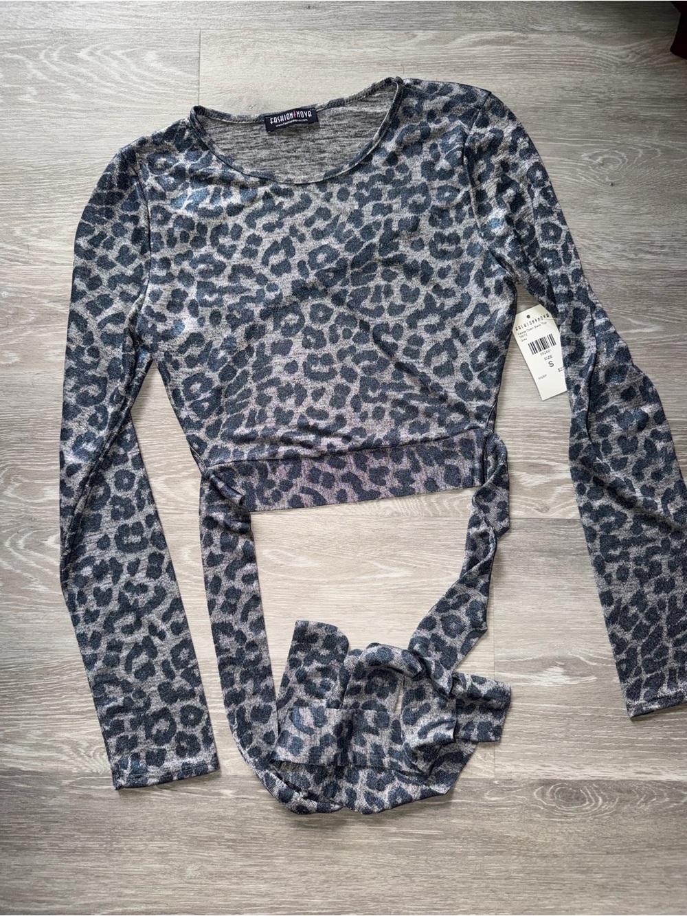 Fashion Nova Gray Leopard Wrap-Front Long Sleeve Crop Top